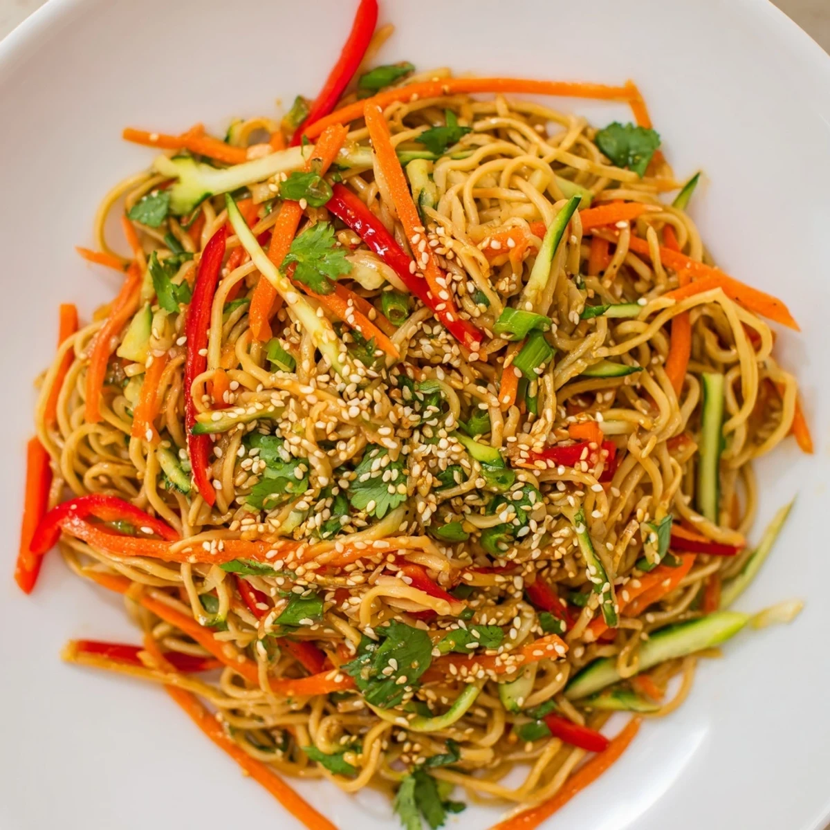 Garlic Noodle Salad: A colorful bowl of chilled noodles with vibrant veggies, ready to enjoy.