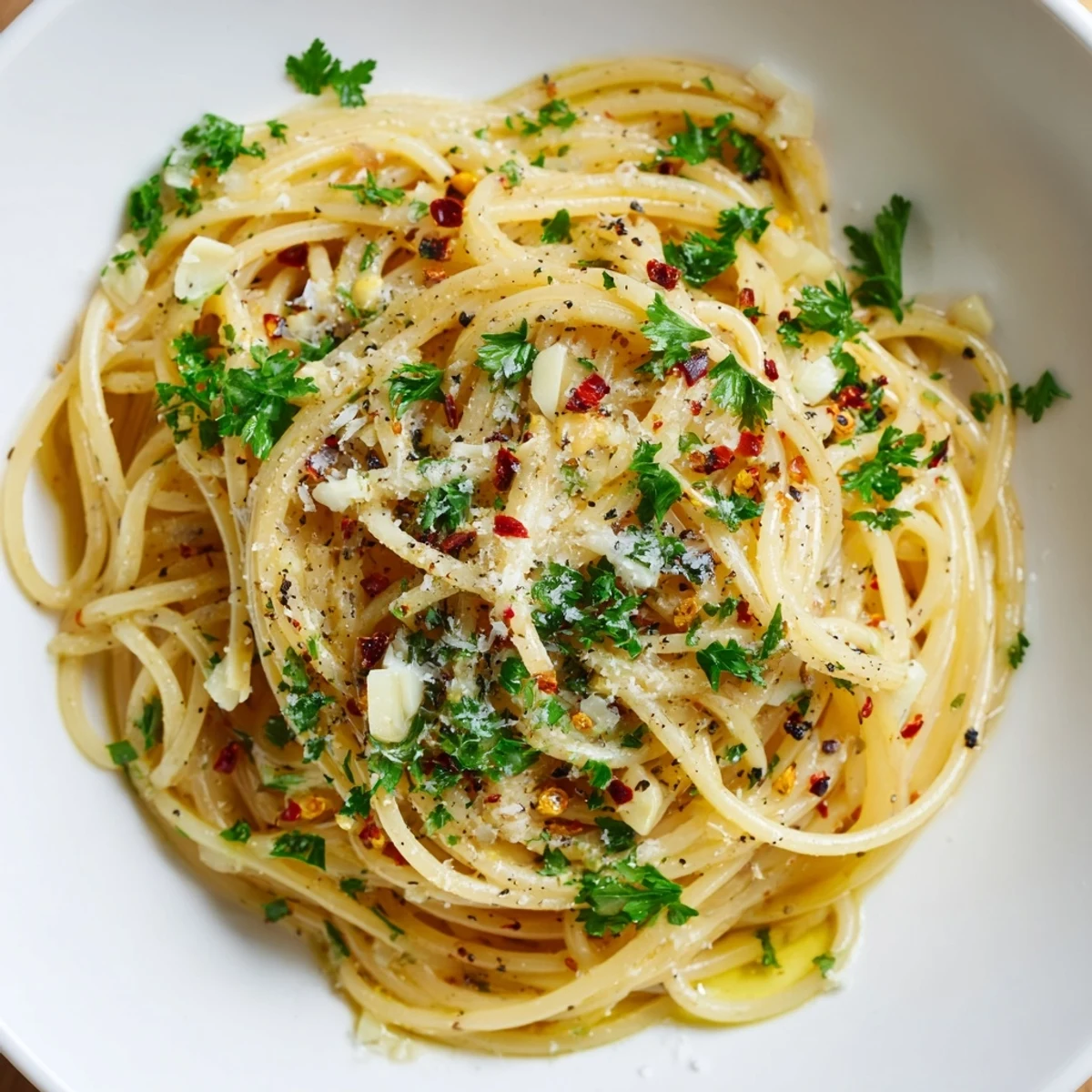 Steaming plate of Aglio e Olio Express Pasta, glistening with olive oil and topped with fresh parsley.
