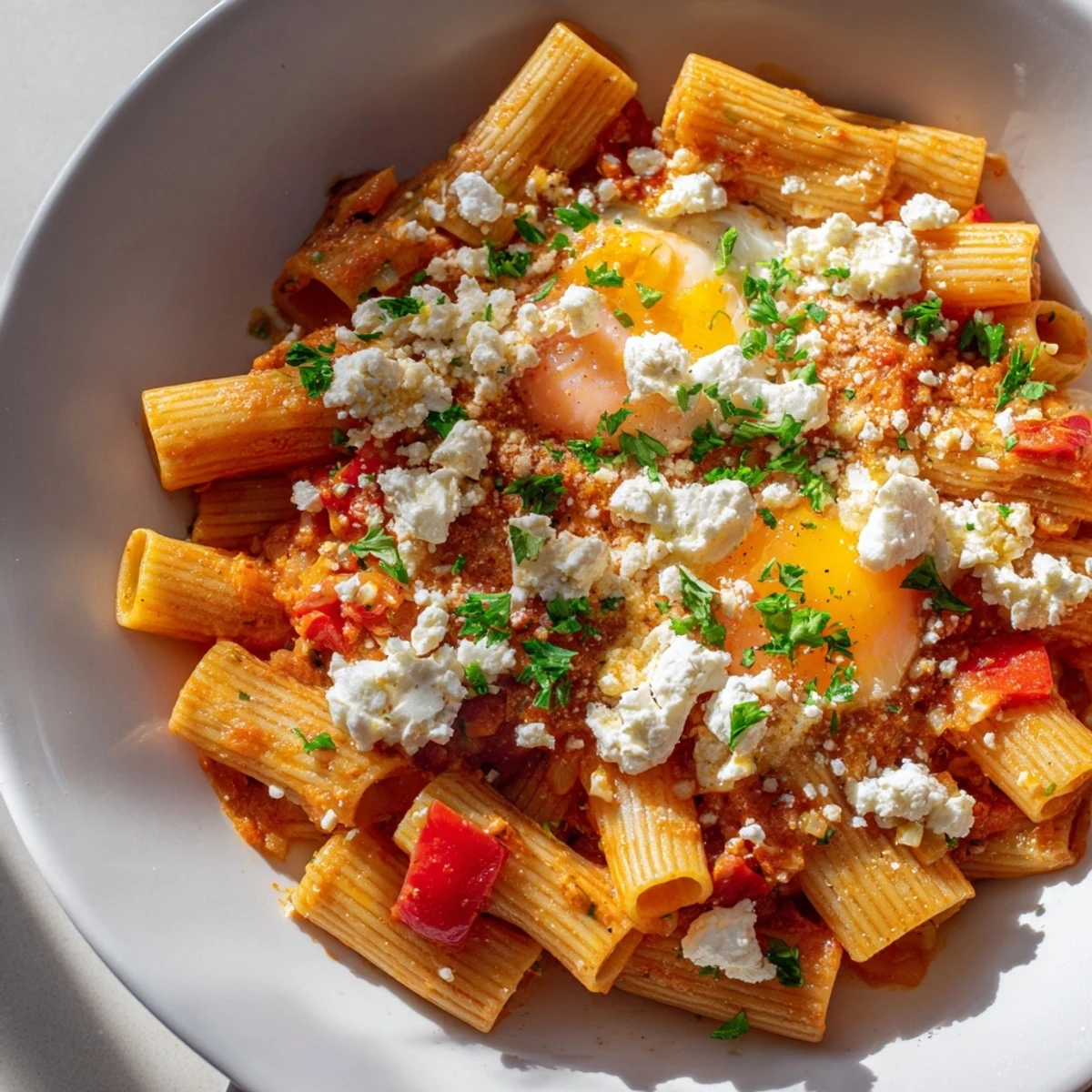 Quick Shakshuka Pasta with runny egg yolks and vibrant tomato sauce, ready to serve.