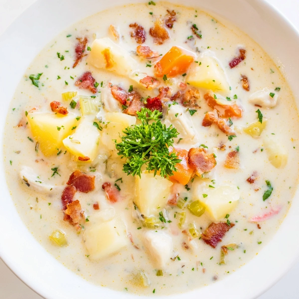 A steaming bowl of New England Clam Chowder garnished with fresh parsley, ready to enjoy.