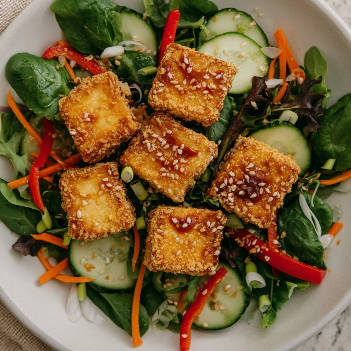 Golden, crispy tofu salad with vibrant veggies and savory ginger-soy dressing; a delicious meal.
