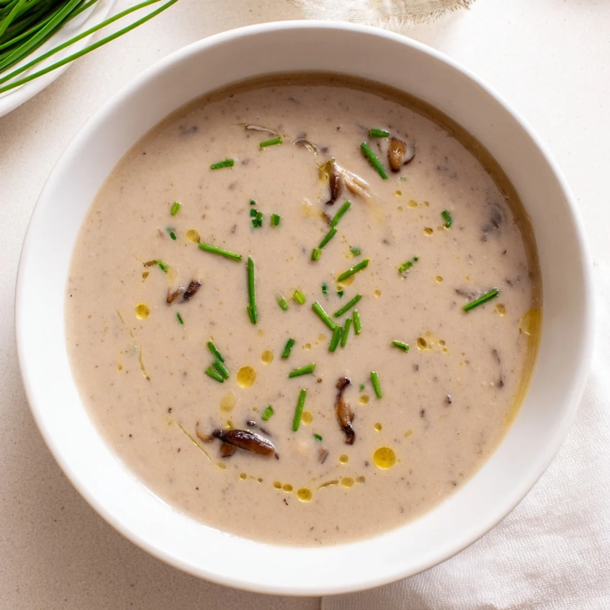 Steaming bowl of creamy mushroom bisque, garnished with fresh herbs, ready to savor.