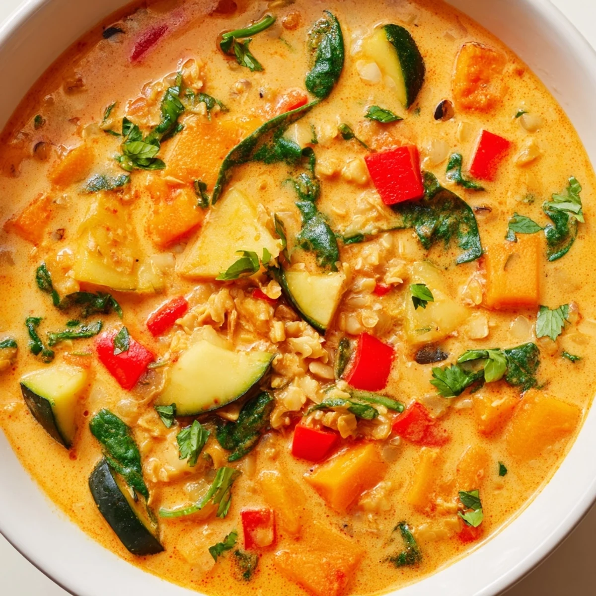 Steaming bowl of Lentil Red Curry Soup, garnished with cilantro, ready to be enjoyed.