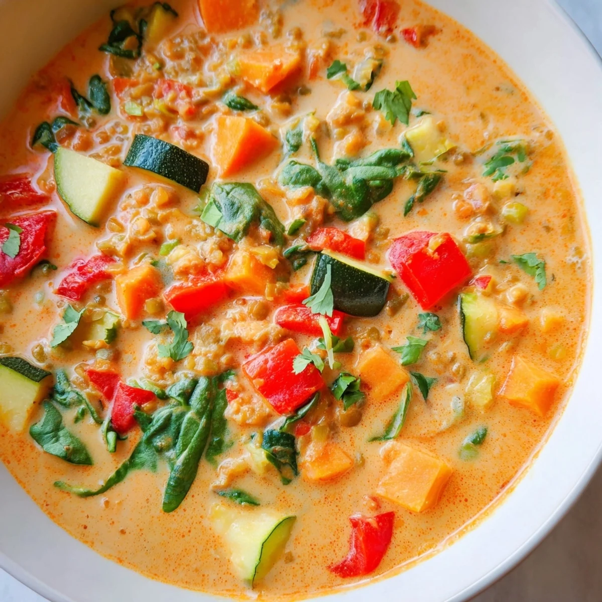 Fragrant Lentil Red Curry Soup: a warm, creamy vegan delight perfect for a chilly evening.