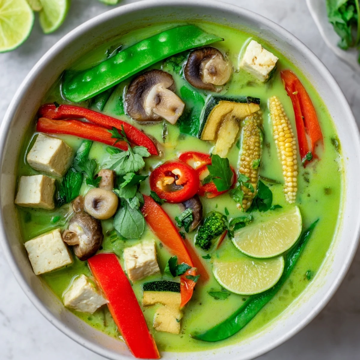 Flavorful Thai Green Curry Coconut Soup, with visible chunks of vegetables and tender tofu.