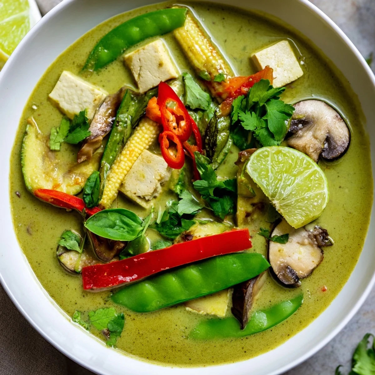 Steaming bowl of Thai Green Curry Coconut Soup, garnished with cilantro, ready to enjoy.
