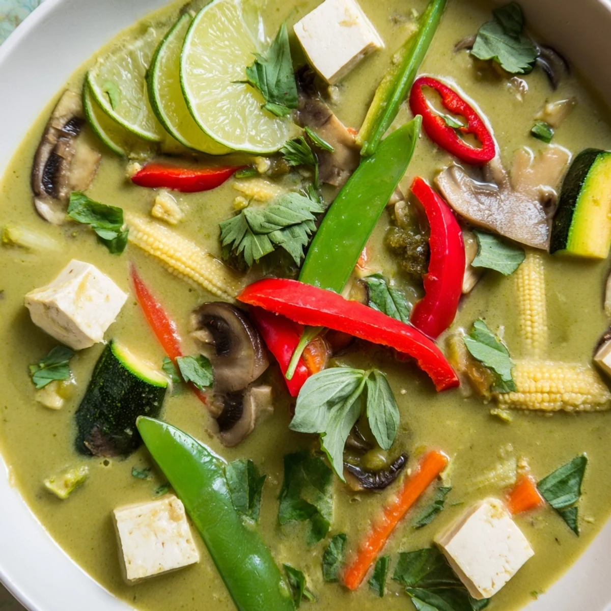 Aromatic Thai Green Curry Coconut Soup, a fragrant Thai dish with fresh lime wedges for serving.