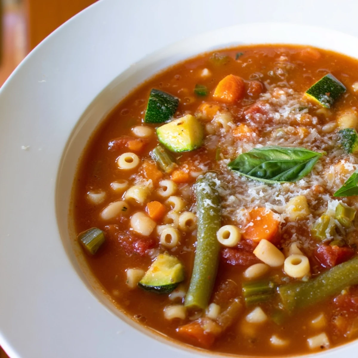 Steaming Tomato Basil Minestrone soup, a generous bowl filled with vegetables and pasta.