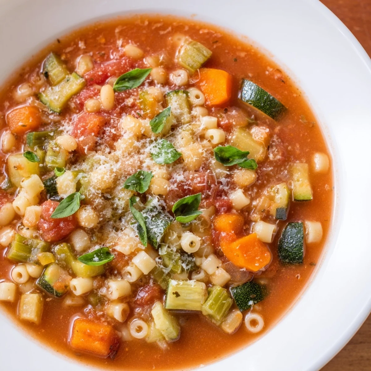 Fresh, vibrant photo of Tomato Basil Minestrone, garnished with fresh herbs alongside Parmesan.