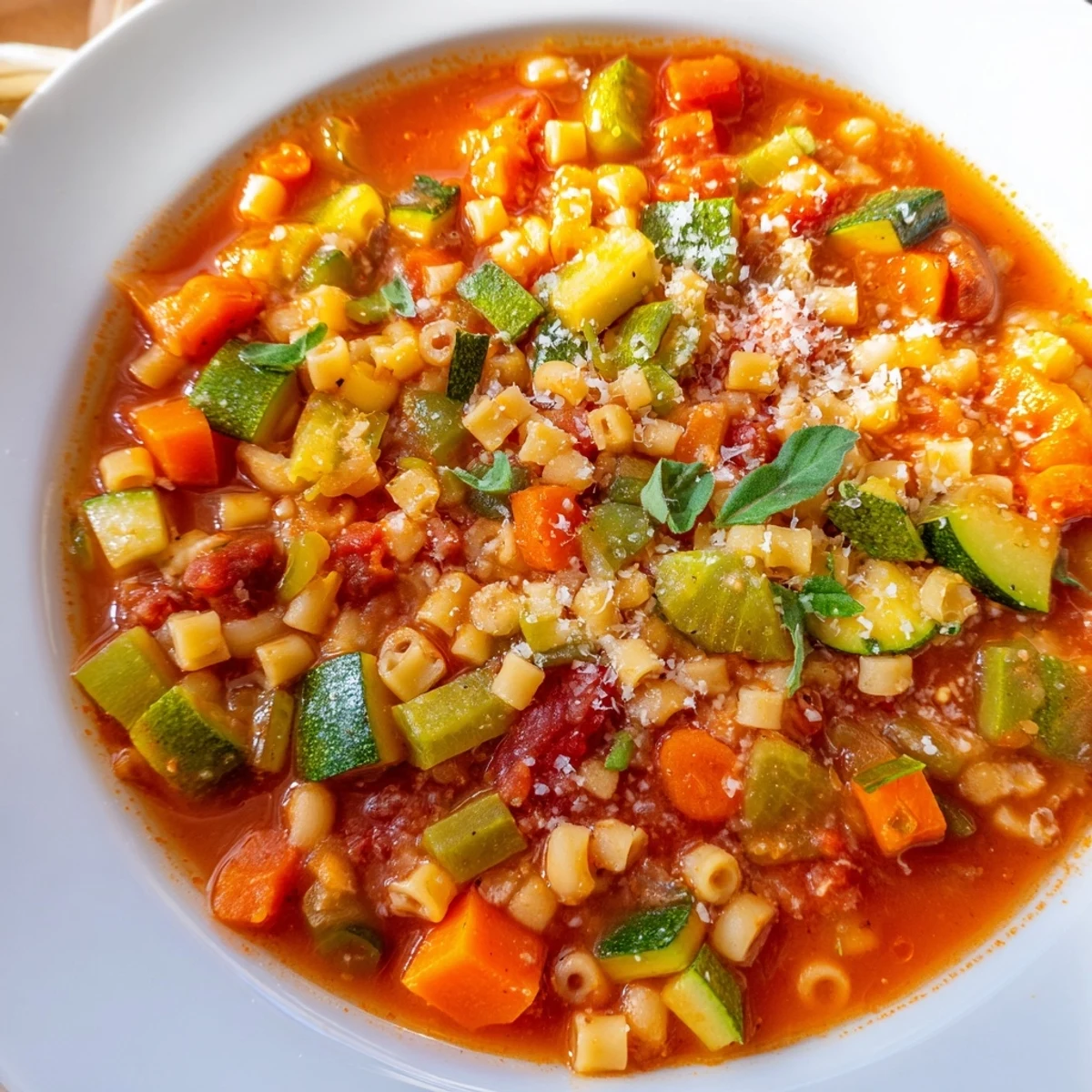 Warm, aromatic Tomato Basil Minestrone with hearty vegetables, ready to be ladled and enjoyed.