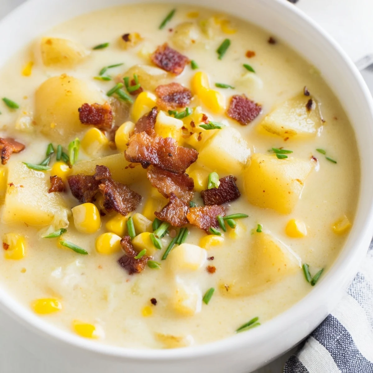 Creamy Corn Chowder soup, showcasing fresh corn kernels and crispy bacon in a hearty bowl, ready to eat.