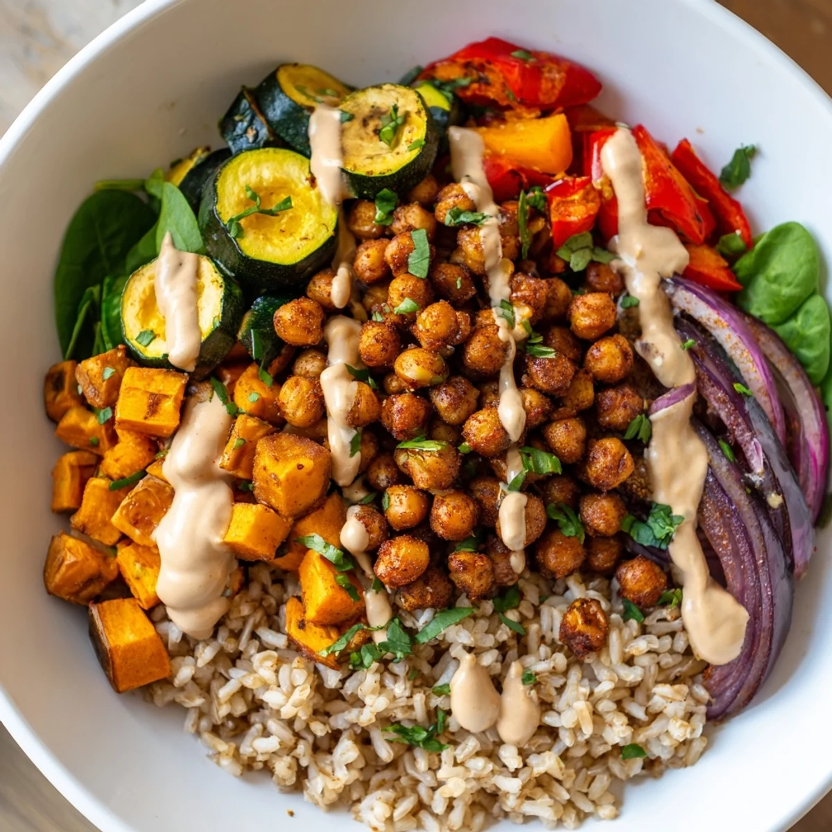 Crispy roasted chickpeas and colorful vegetables star in a Roasted Chickpea Buddha Bowl—a healthy and comforting dinner.