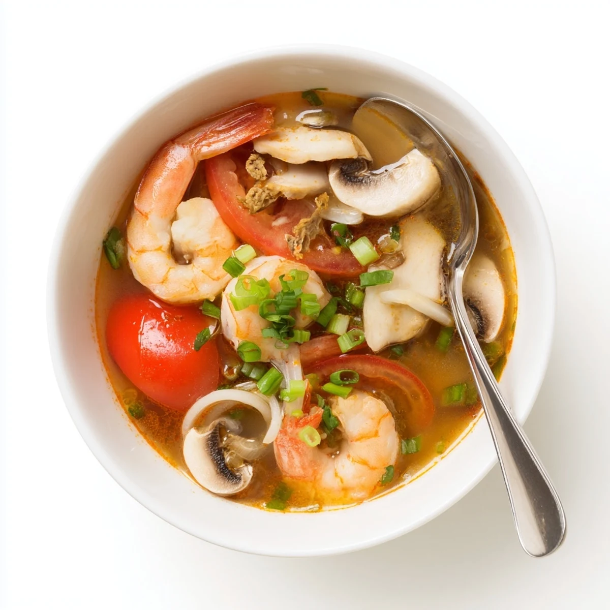 Close-up of bubbling spicy Tom Yum soup, showcasing fresh shrimp and colorful vegetables, ready to serve.