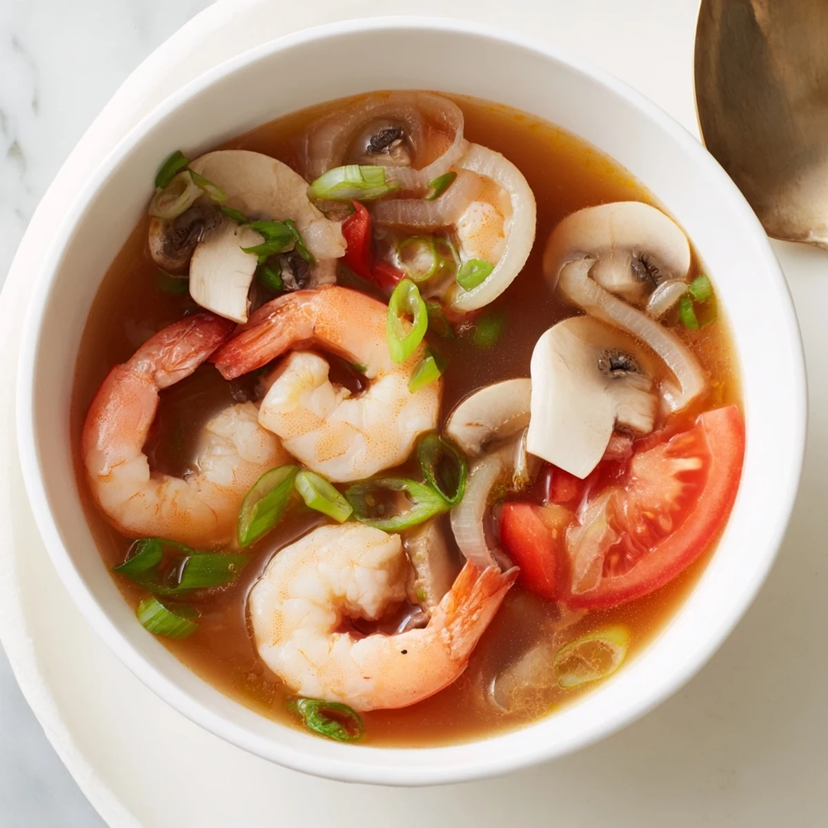 Steamy bowl of spicy Tom Yum soup, fragrant with shrimp, lemongrass, and vibrant red chili oil.