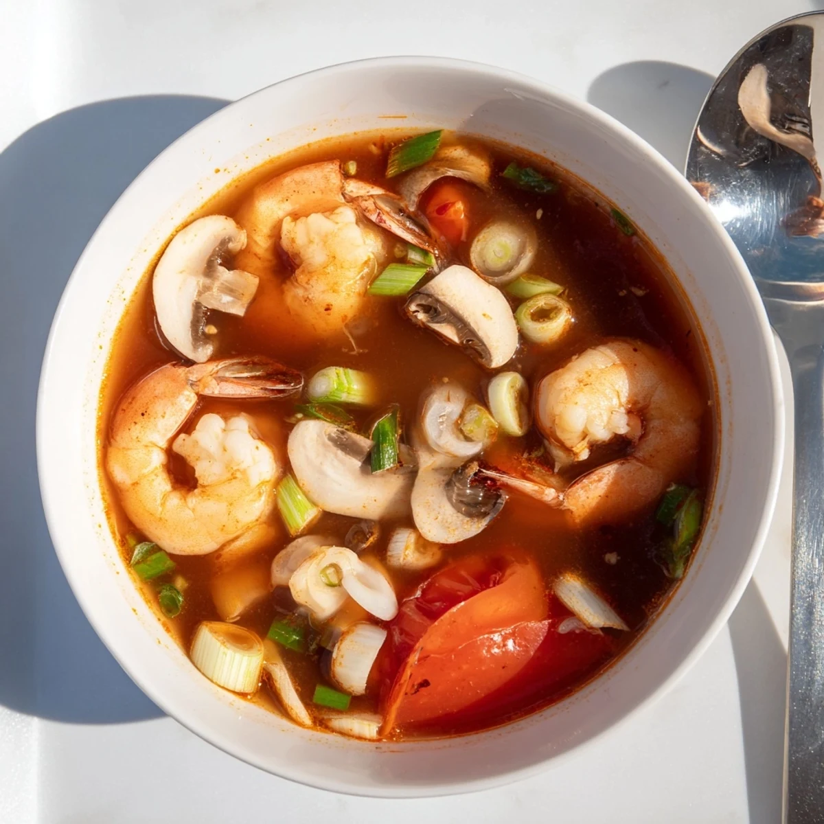 Enjoy a comforting spoonful of spicy Tom Yum soup: a Thai delight with balanced sour and spicy flavors.