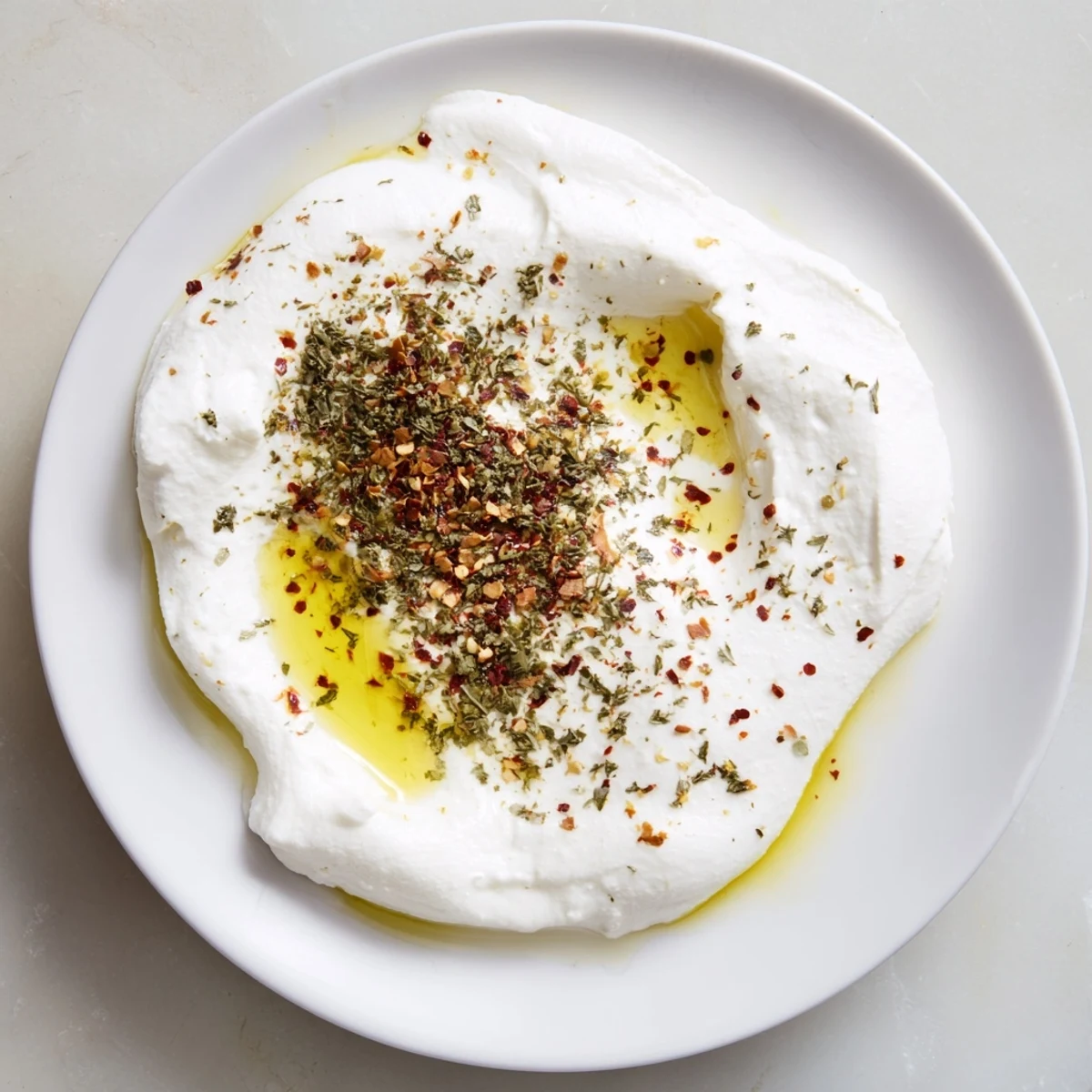 Creamy Levantine labneh cheese, drizzled with olive oil and sprinkled with herbs, ready to serve on a platter.