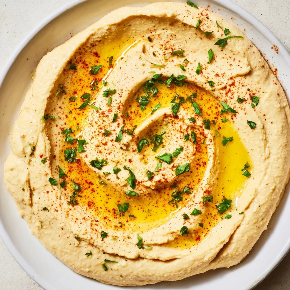 Creamy Levantine hummus plate drizzled with olive oil, ready to be scooped up with warm pita bread.