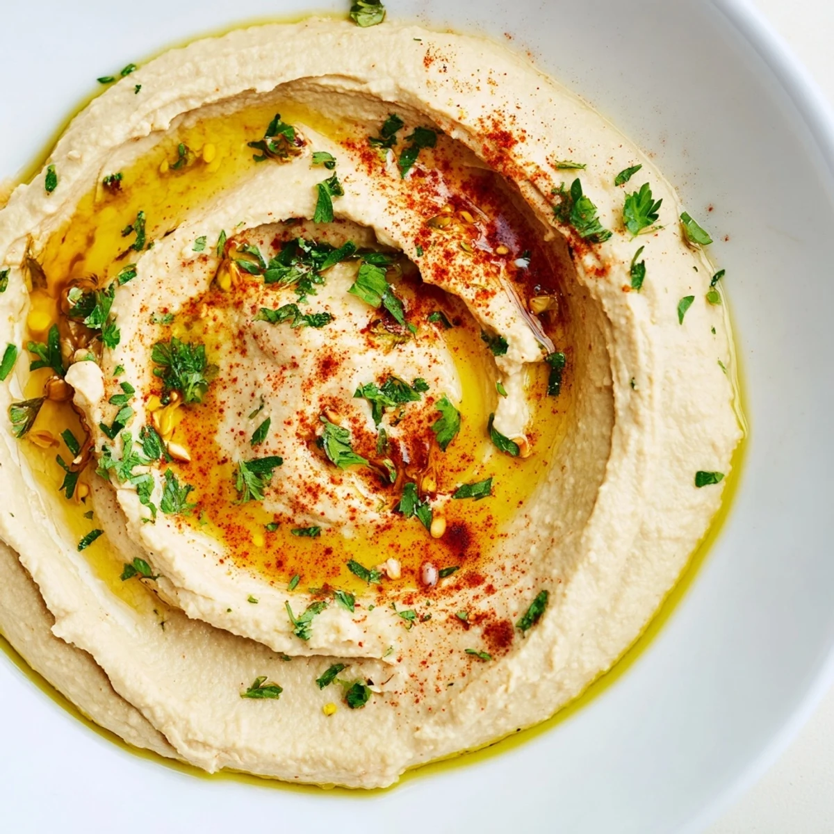 A vibrant Levantine hummus plate, garnished with paprika and parsley, perfect for sharing as an appetizer.