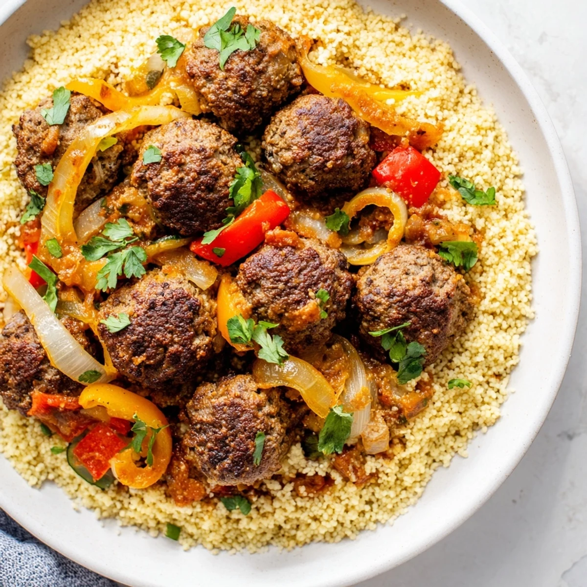 Aromatic North African Couscous Kefta with juicy meatballs and a rich, flavorful tomato sauce.