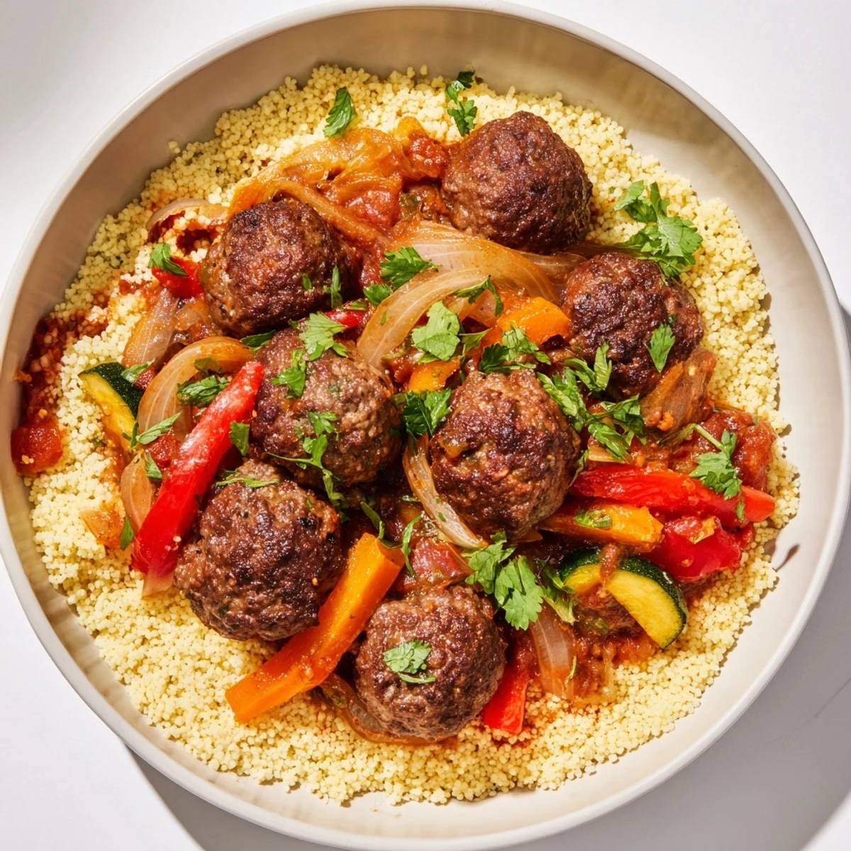 Close-up of hearty North African Couscous Kefta – tender meatballs and fluffy couscous served together.