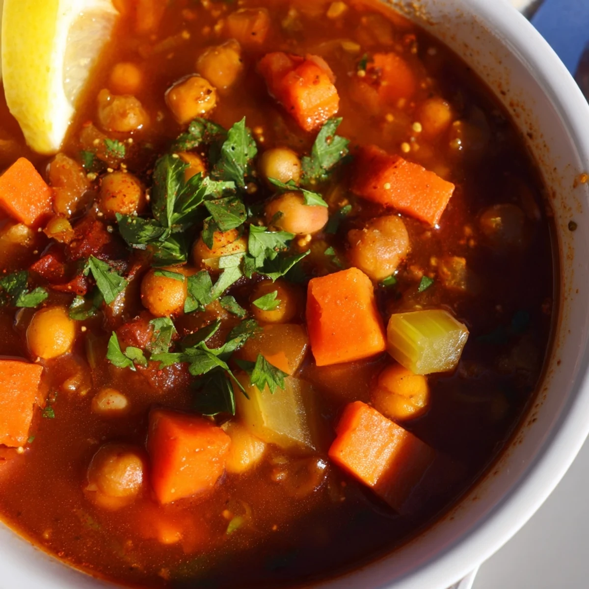 Savory North African Harira Soup with chickpeas and lentils, garnished with fresh cilantro and lemon.
