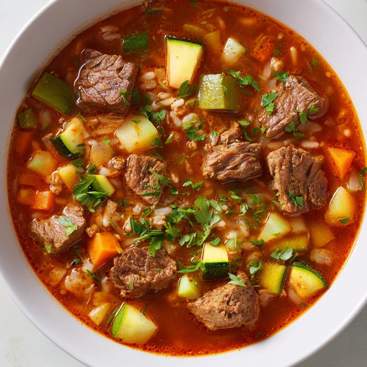 Steaming bowl of Algerian Chorba: a flavorful lamb and vegetable soup, garnished with fresh herbs.