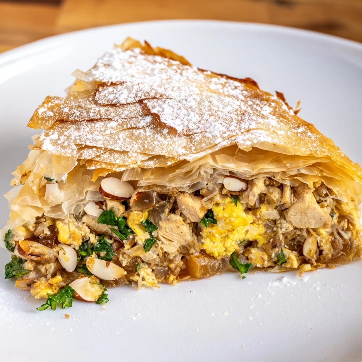 A beautifully golden Moroccan Pastilla Pie, a savory meat pie dusted with powdered sugar and cinnamon.