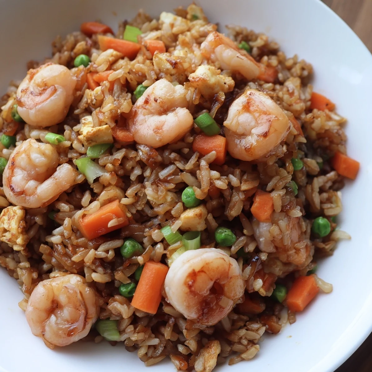 Perfectly seasoned Shrimp Garlic Fried Rice is piled high on a plate, garnished with scallions and lime wedges.