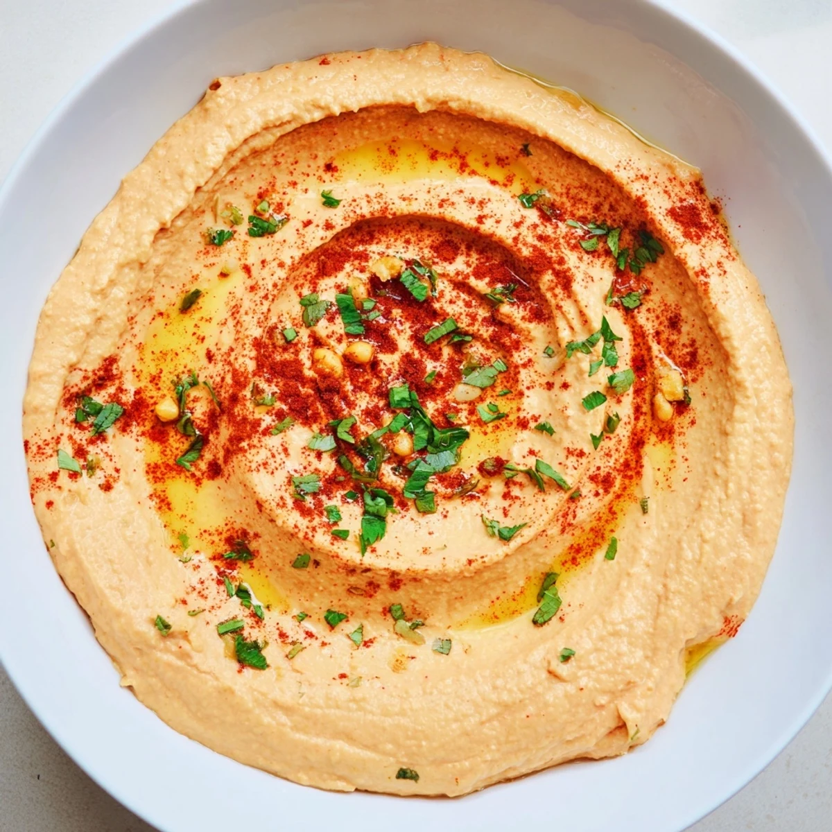 Creamy, smoky Roasted Red Pepper Hummus served as a dip with crunchy carrot sticks and crispy pita chips on a rustic table.