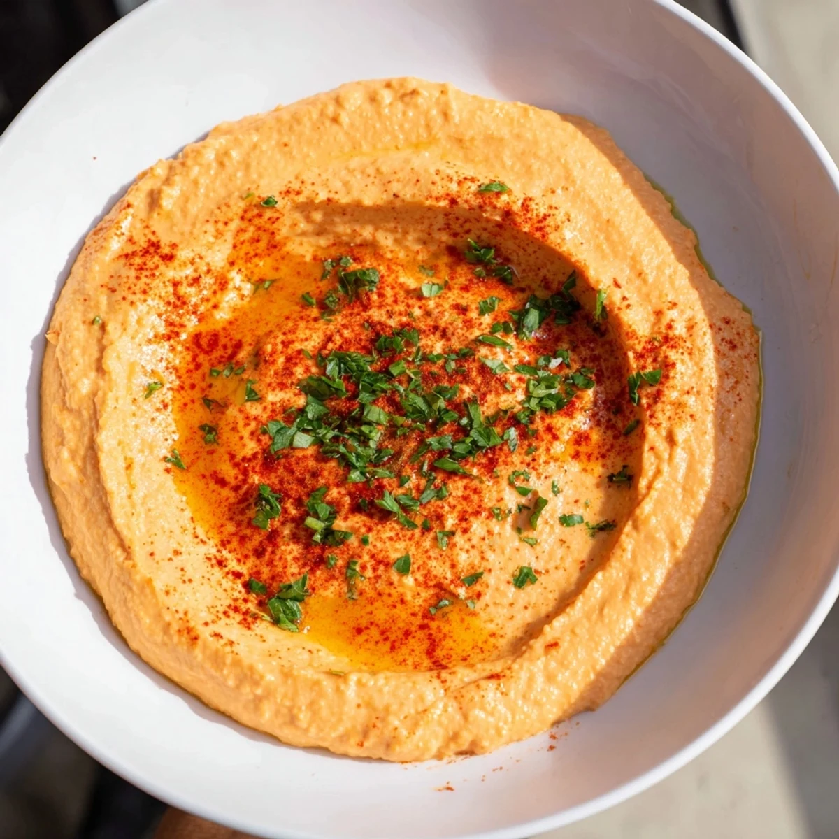 Homemade Roasted Red Pepper Hummus spread on a cracker, showcasing its smooth texture and bright, roasted vegetable flavor.