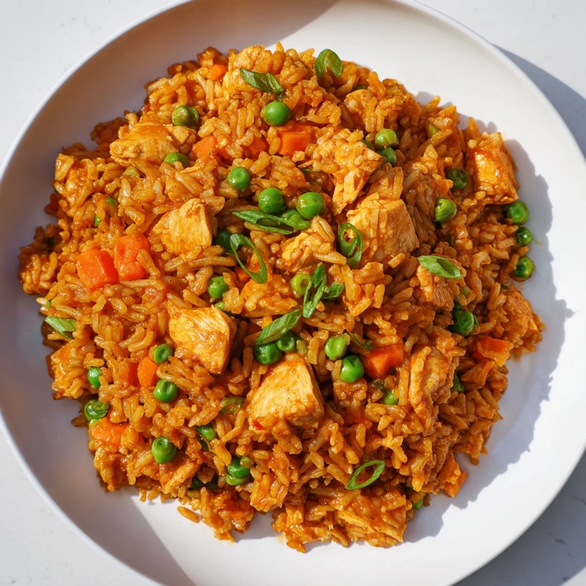 A close-up of Butter Chicken Fried Rice with tender chicken pieces and bright green peas in a rich, creamy sauce.