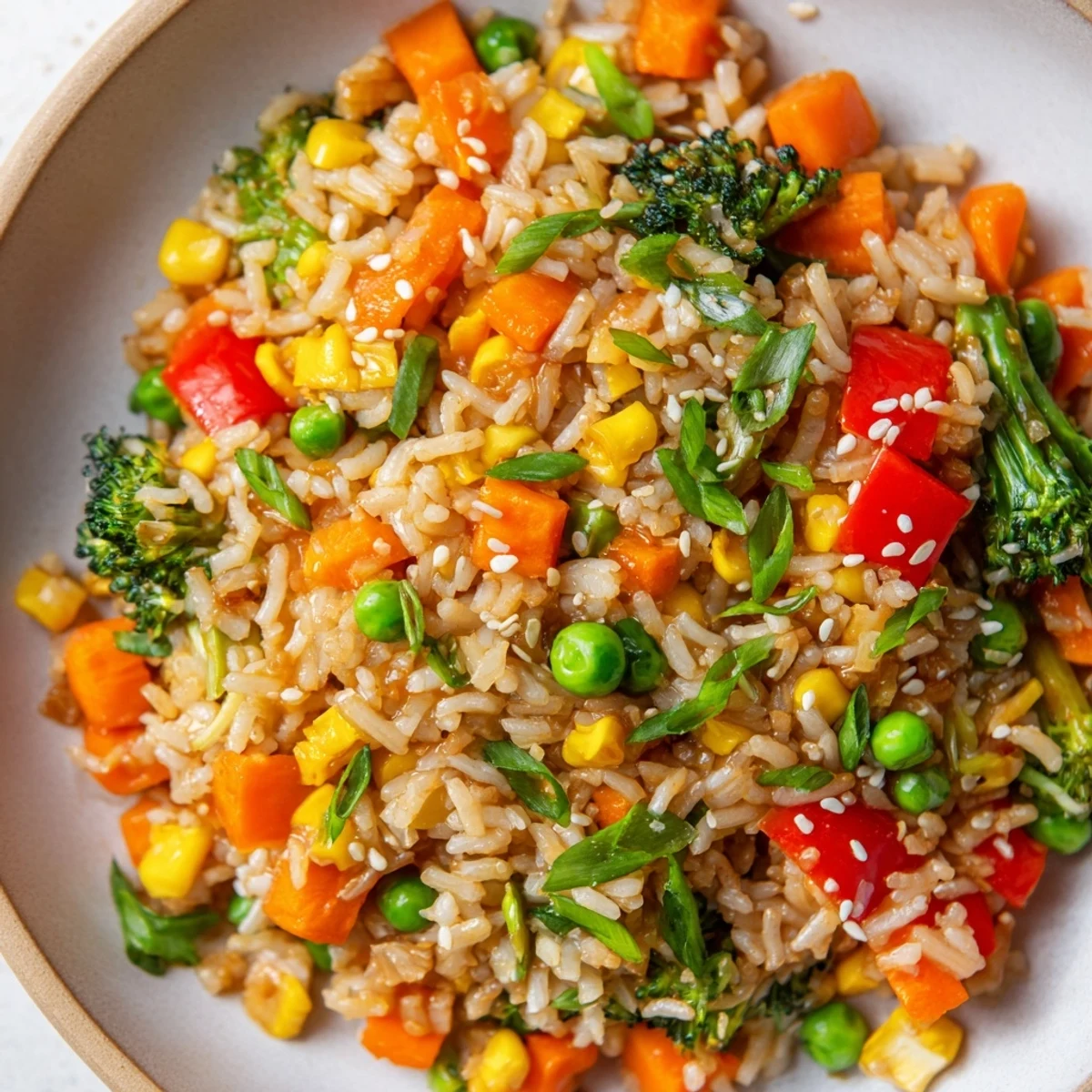 A close-up of vibrant vegetable fried rice in a wok, with colorful bell peppers, carrots, peas, and broccoli glistening with soy sauce.