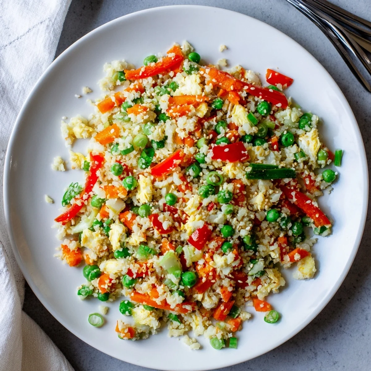 Bright orange carrots, green peas, and red bell pepper are stir-fried in a wok with fluffy cauliflower fried rice in this image.  