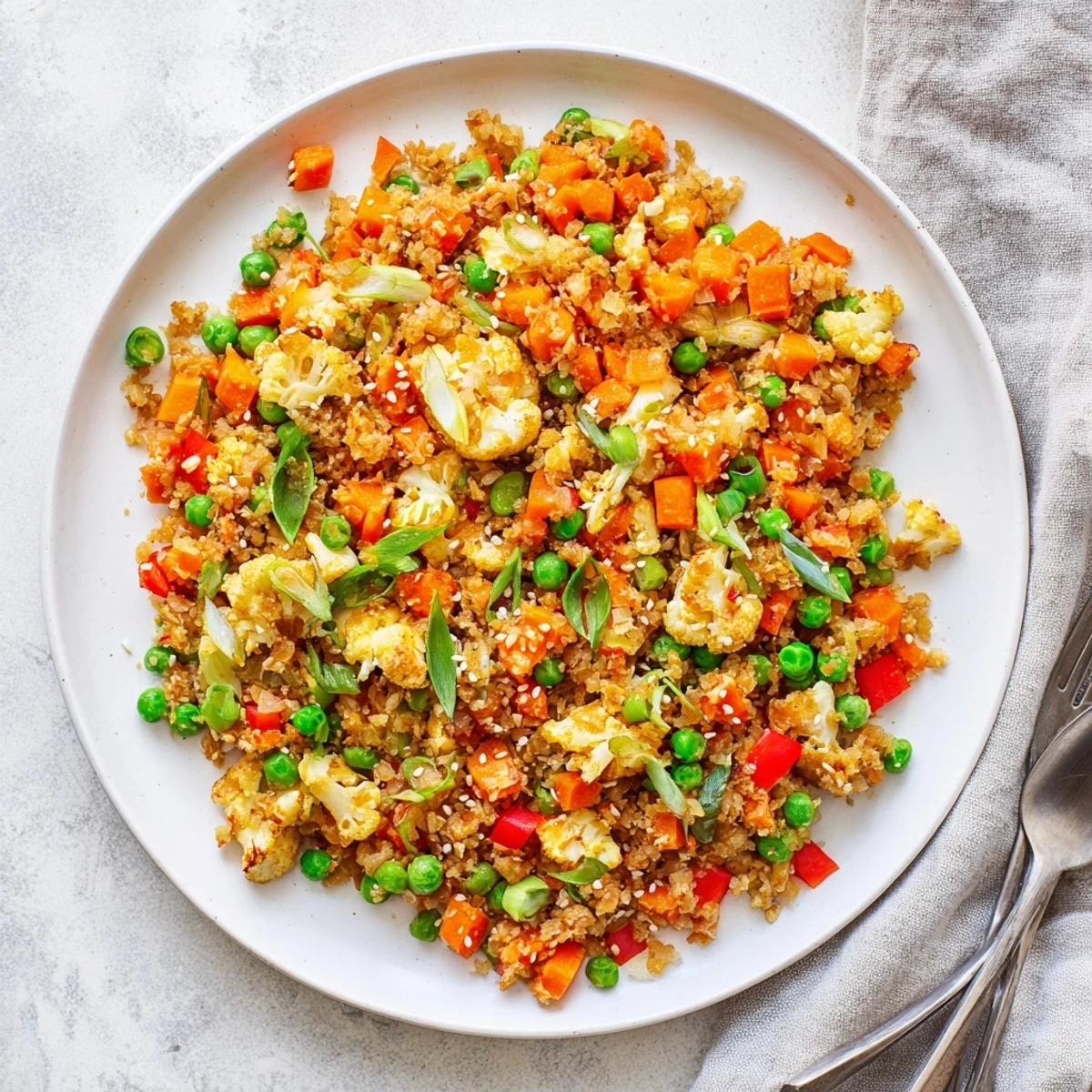 Scrambled eggs and fresh green onions top a serving of hot cauliflower fried rice, with a small dish of soy sauce nearby.  