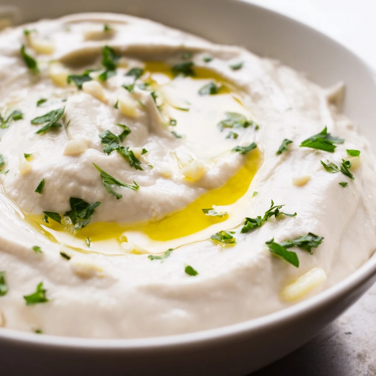 Creamy white bean dip with a drizzle of olive oil and fresh parsley, served with pita bread and veggies for dipping.  