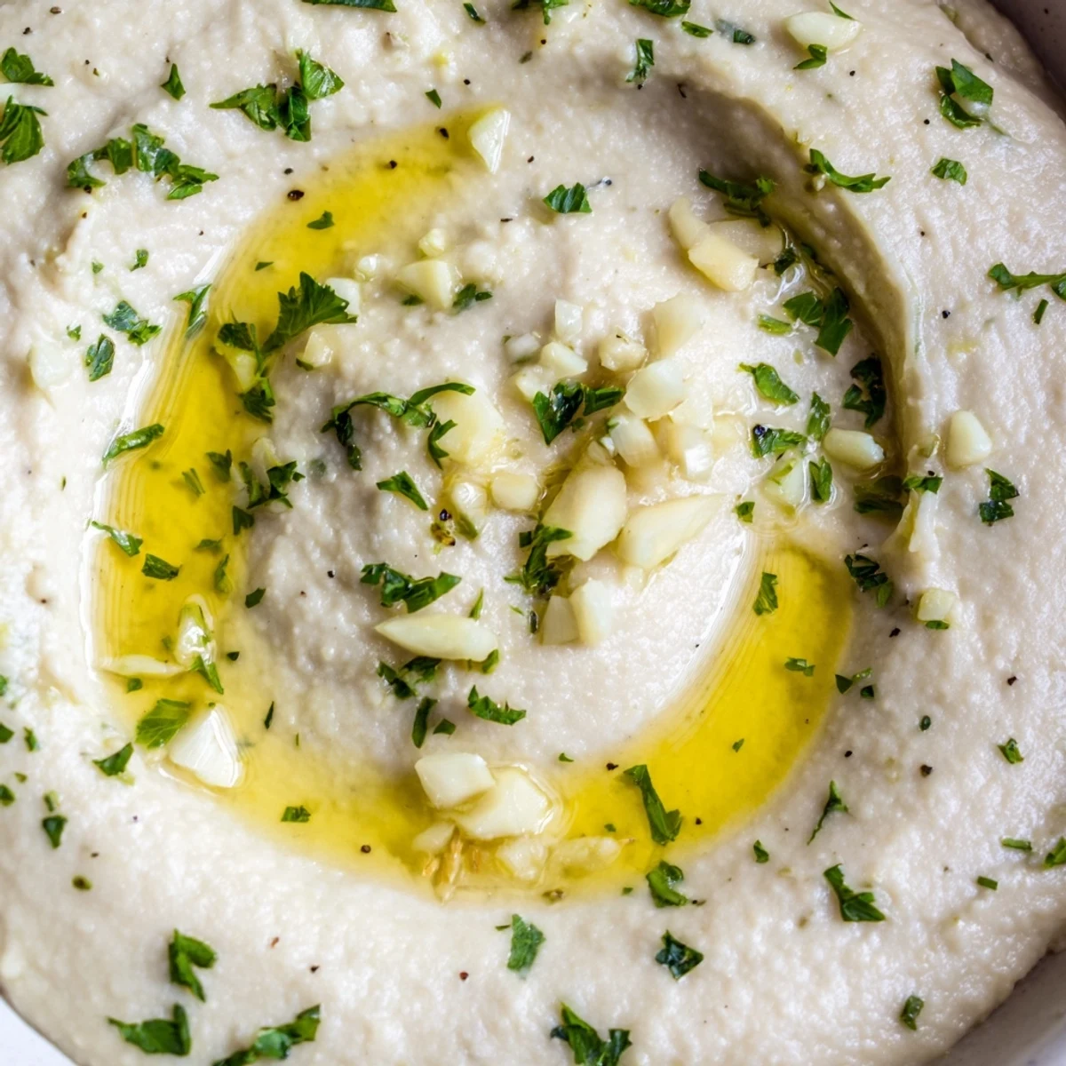 A bowl of smooth white bean dip, garnished with lemon zest and black pepper, ready for a party platter.  