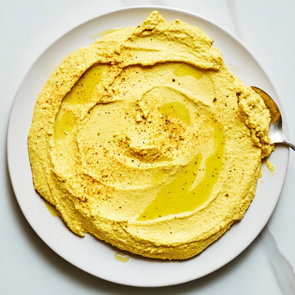 Vibrant yellow chickpea curry paste, blended with spices and garnished with a fresh cilantro leaf.