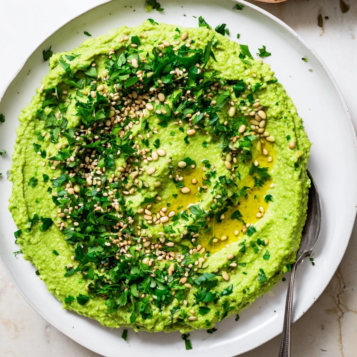 Creamy green Edamame Hummus served in a rustic bowl with pita chips and sliced cucumbers, perfect for a healthy snack.