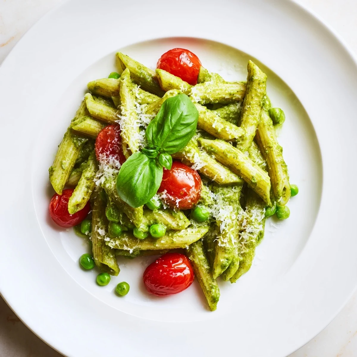 A vibrant Green Pesto Pasta Salad in a white bowl, tossed with juicy halved cherry tomatoes and sweet green peas.