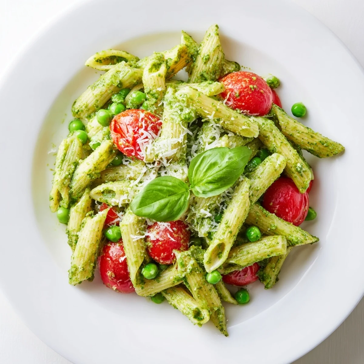 In a rustic setting, the Green Pesto Pasta Salad features al dente pasta glistening with basil pesto and fresh herbs.