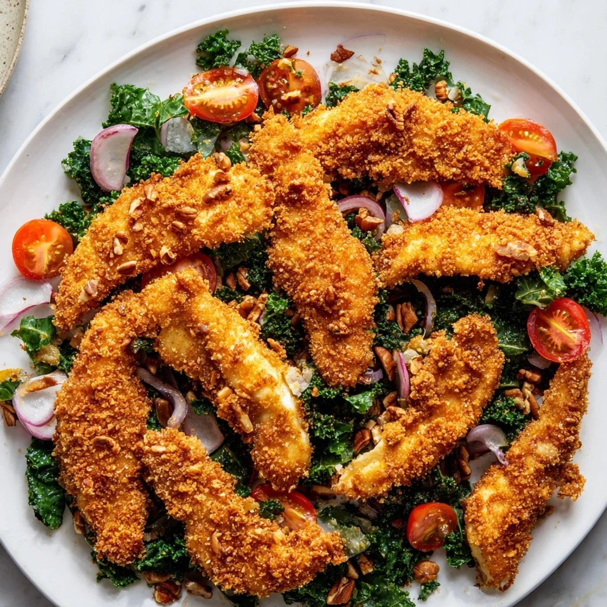 A close-up of golden, crispy chicken strips layered over vibrant kale salad, drizzled with tangy maple-Dijon dressing in a white bowl.  