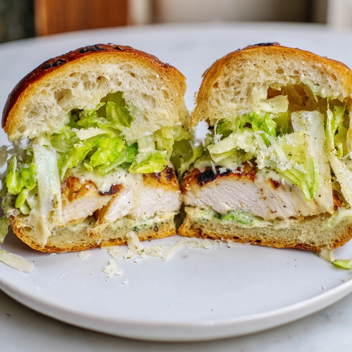 Freshly grilled Caesar Chicken Sandwich on a toasted brioche bun, layered with crisp romaine and creamy dressing.  