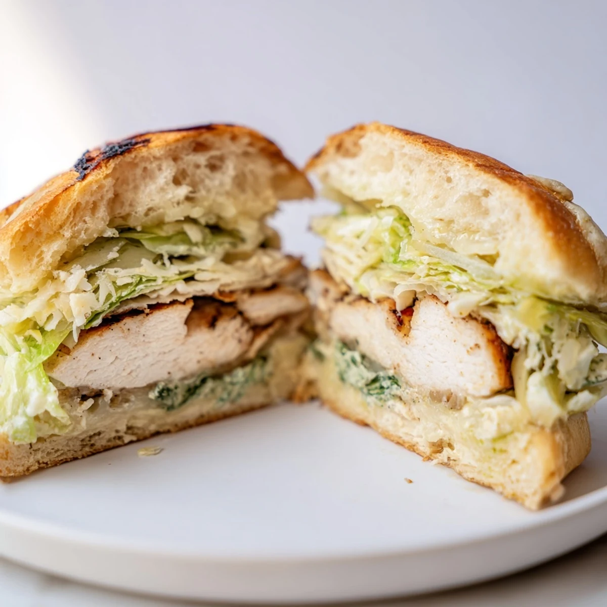 Ready-to-eat Caesar Chicken Sandwich, featuring golden grilled chicken and fresh toppings on a soft, toasted bun.