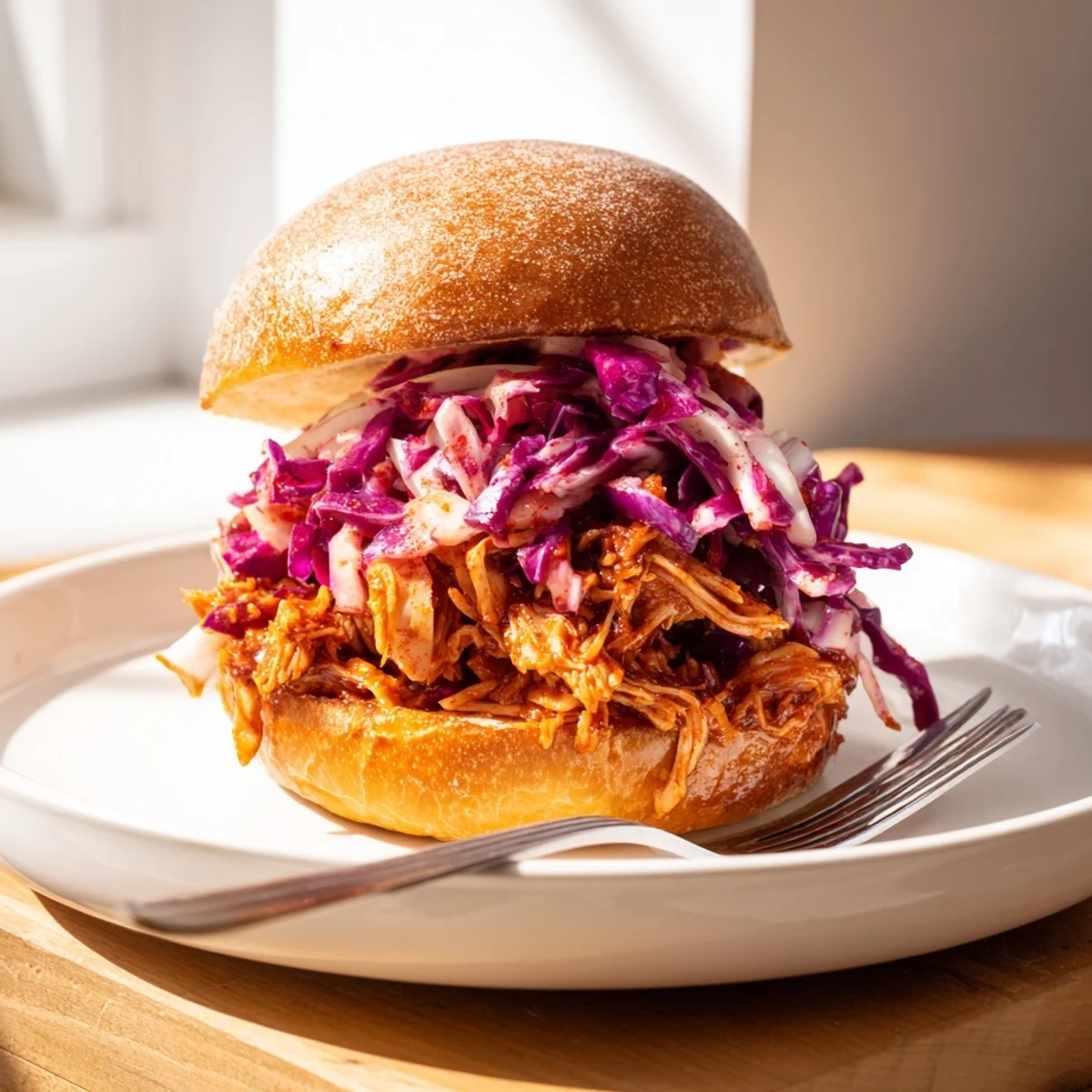 Steamed pulled barbecue chicken on a toasted brioche bun topped with crunchy tangy slaw, served on a plate.