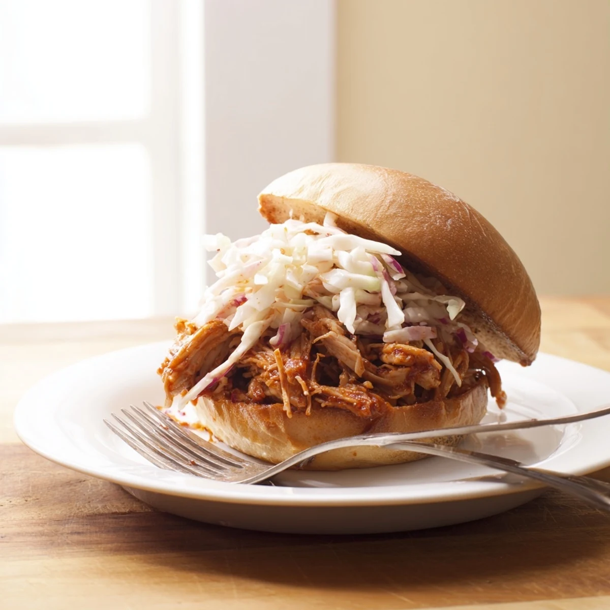 Tender shredded barbecue chicken piled high on soft brioche buns with creamy coleslaw and sesame seeds.