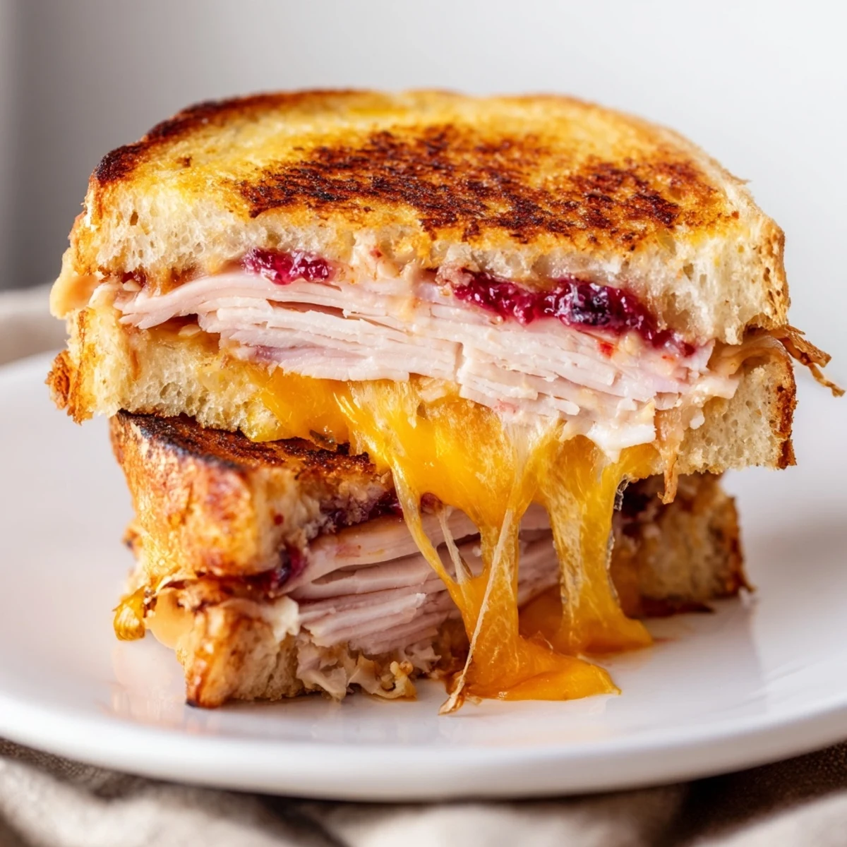 Golden toasted sourdough grilled cheese with smoked turkey, sharp cheddar, and cranberry spread, sliced to reveal melted layers.