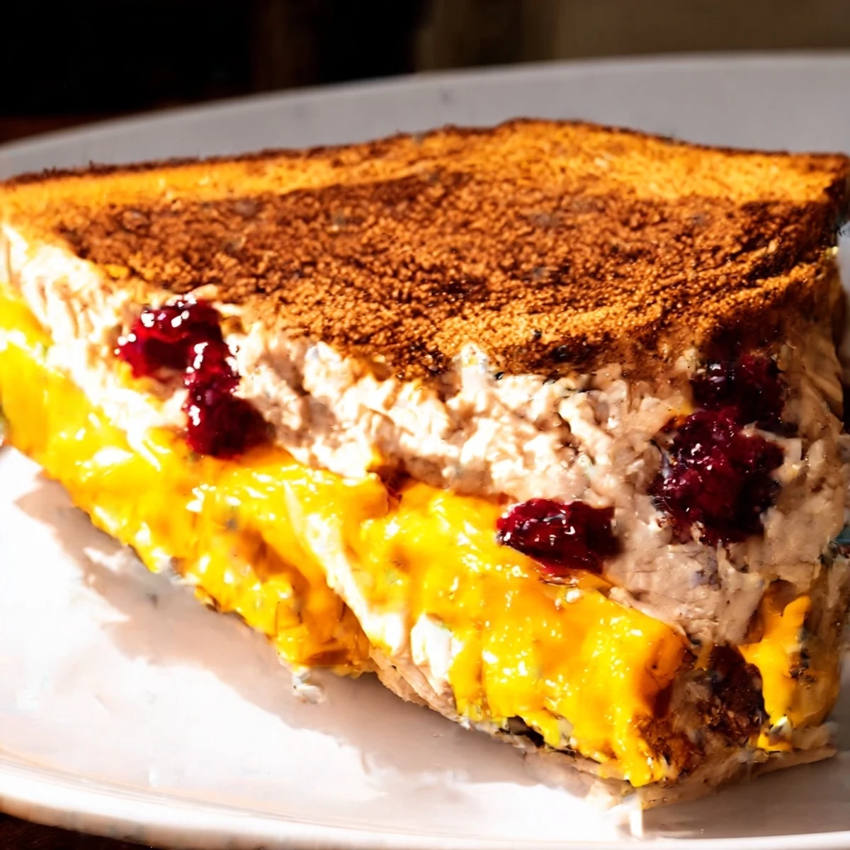 Smoked turkey grilled cheese with melted cheddar and tangy cranberry spread, served warm on a plate with a side salad.