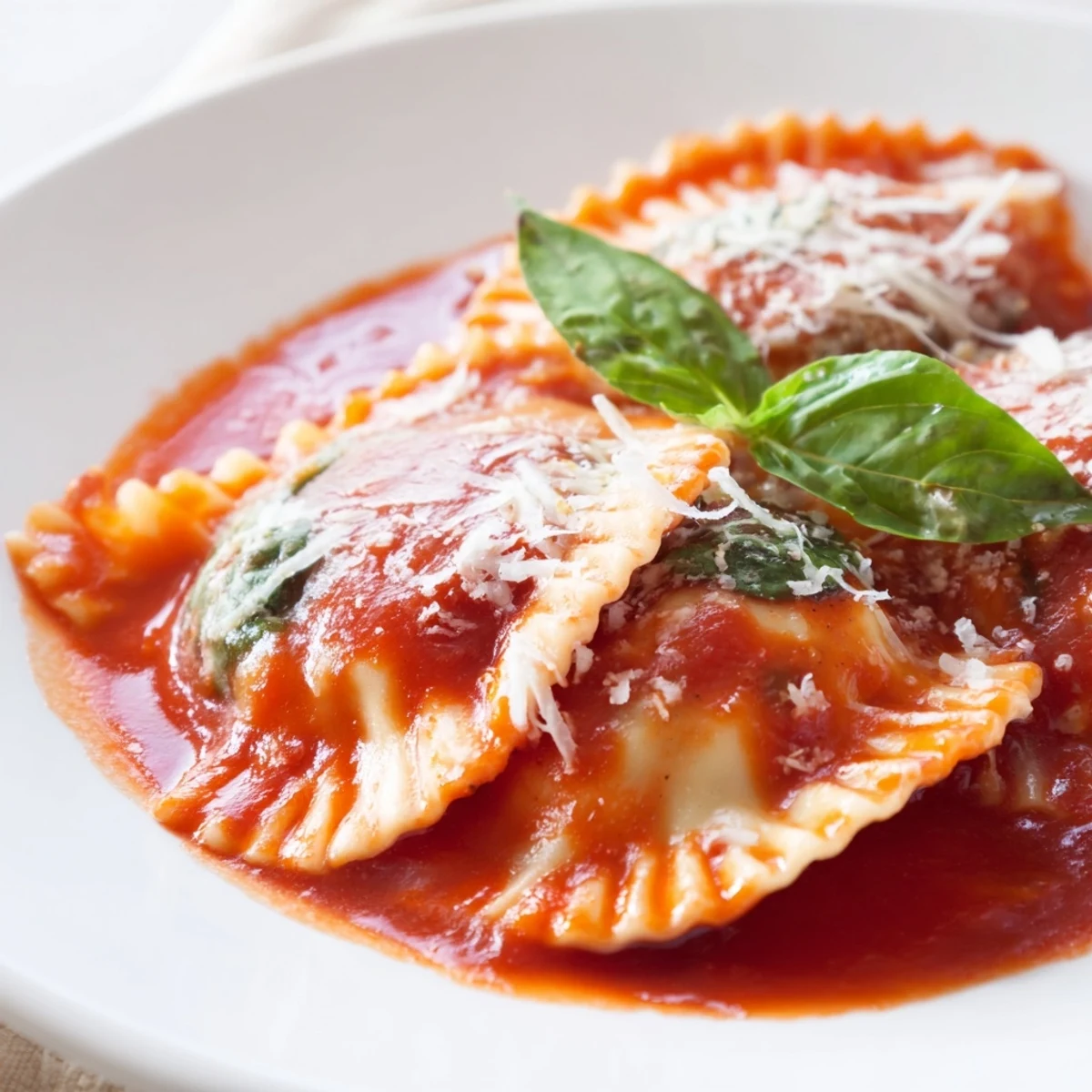 Steaming Spinach Ricotta Ravioli plated with marinara and basil, ready for a comforting Italian dinner.  