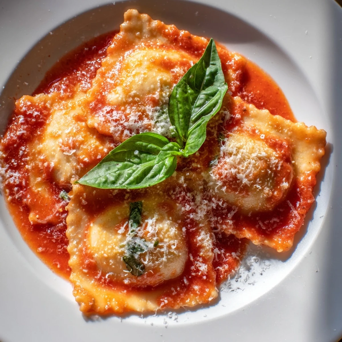 Al dente Spinach Ricotta Ravioli topped with marinara, Parmesan, and fresh basil for a bright finish.