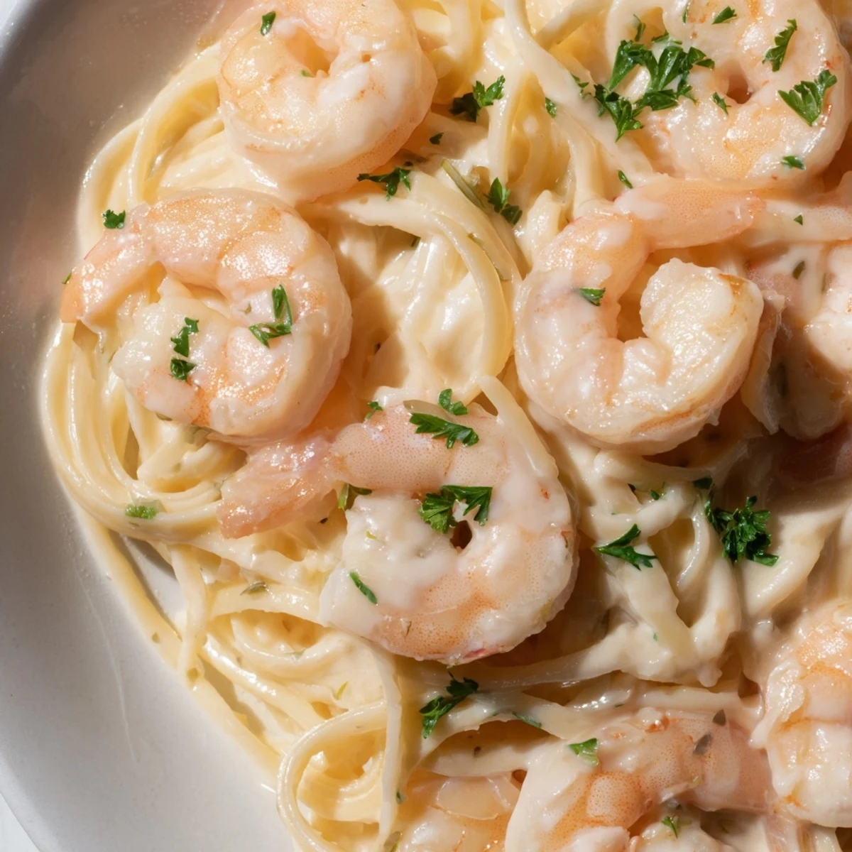 Creamy Garlic Shrimp Pasta with succulent pink shrimp tossed in a silky garlic cream sauce over tender linguine.
